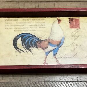 Wooden Rooster Serving Tray Glass Frame Rustic Vintage